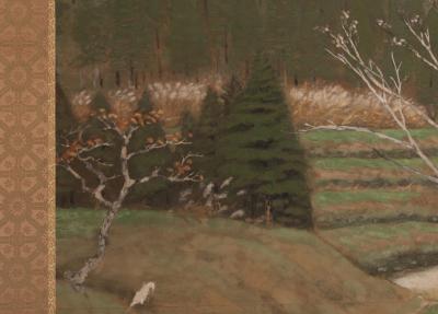 Japanese Two Panel Screen Country Farm