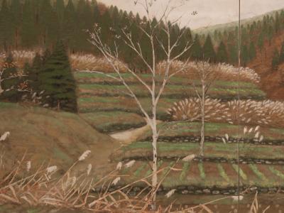 Japanese Two Panel Screen Country Farm