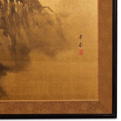 Japanese Two Panel Screen Craggy Landscape on Gold Silk