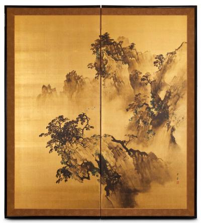 Japanese Two Panel Screen Craggy Landscape on Gold Silk