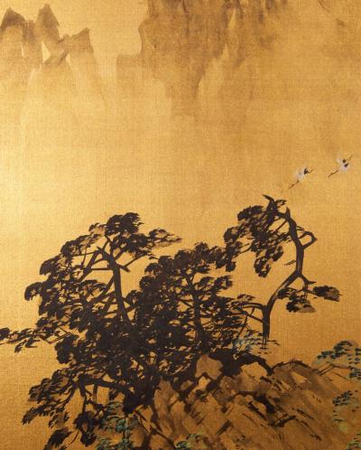 Japanese Two Panel Screen Craggy Landscape on Gold Silk