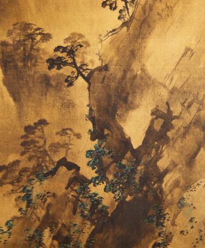 Japanese Two Panel Screen Craggy Landscape on Gold Silk