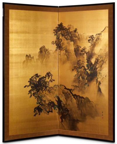 Japanese Two Panel Screen Craggy Landscape on Gold Silk