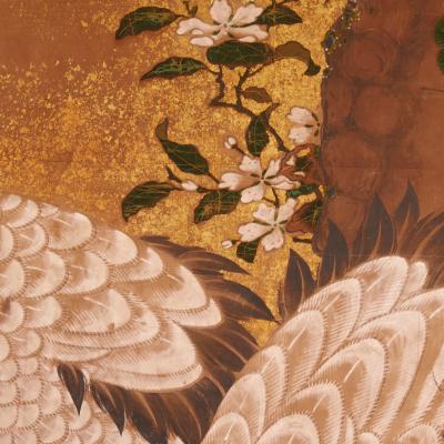 Japanese Two Panel Screen Cranes on Gold