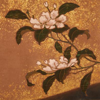 Japanese Two Panel Screen Cranes on Gold