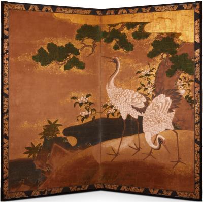 Japanese Two Panel Screen Cranes on Gold