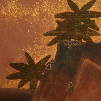 Japanese Two Panel Screen Cranes on Gold