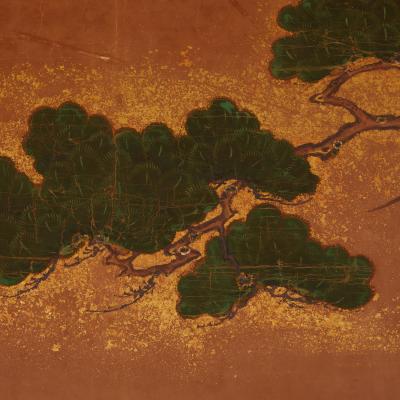 Japanese Two Panel Screen Cranes on Gold