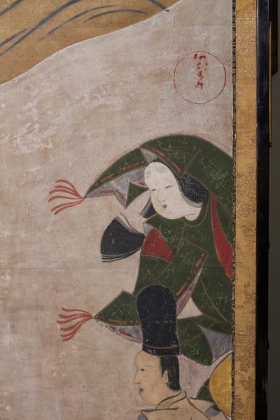 Japanese Two Panel Screen Crossing the Bridge at Sano From The Tales of Ise