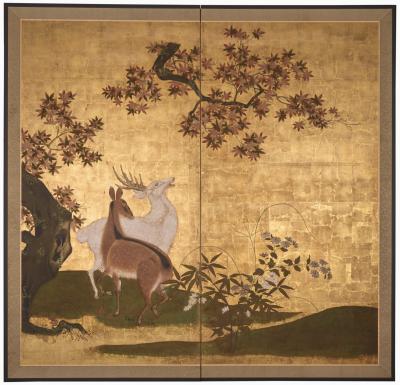 Japanese Two Panel Screen Deer in Autumn Landscape