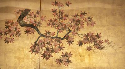 Japanese Two Panel Screen Deer in Autumn Landscape