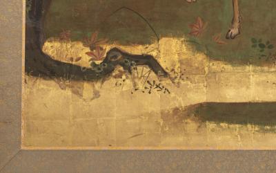 Japanese Two Panel Screen Deer in Autumn Landscape