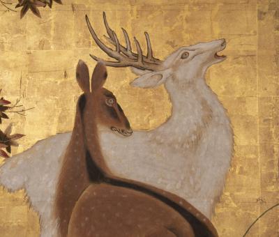 Japanese Two Panel Screen Deer in Autumn Landscape
