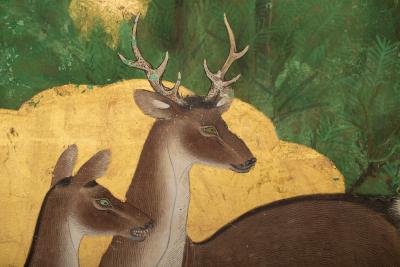 Japanese Two Panel Screen Deer in Cedar Landscape