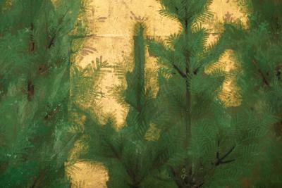 Japanese Two Panel Screen Deer in Cedar Landscape