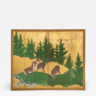 Japanese Two Panel Screen Deer in Cedar Landscape