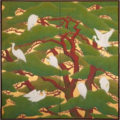 Japanese Two Panel Screen Egrets in Japanese Red Pine with Gold Ground