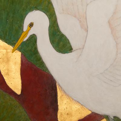 Japanese Two Panel Screen Egrets in Japanese Red Pine with Gold Ground
