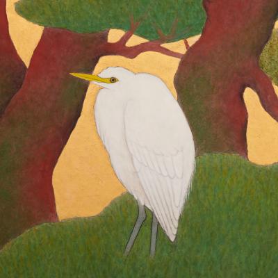 Japanese Two Panel Screen Egrets in Japanese Red Pine with Gold Ground