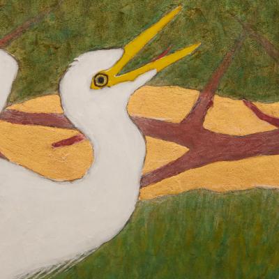 Japanese Two Panel Screen Egrets in Japanese Red Pine with Gold Ground