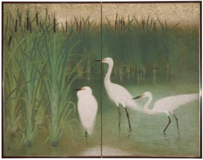 Japanese Two Panel Screen Egrets in the Marshes