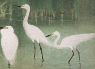 Japanese Two Panel Screen Egrets in the Marshes