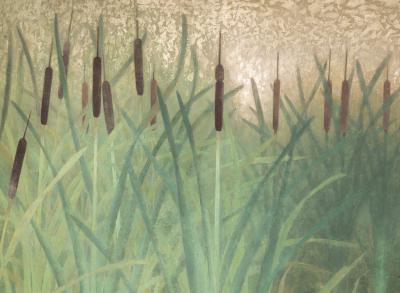 Japanese Two Panel Screen Egrets in the Marshes