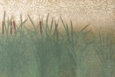 Japanese Two Panel Screen Egrets in the Marshes