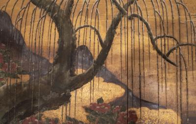 Japanese Two Panel Screen Egrets on Rivers Edge