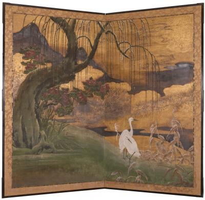 Japanese Two Panel Screen Egrets on Rivers Edge