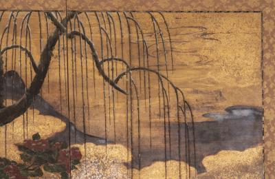 Japanese Two Panel Screen Egrets on Rivers Edge