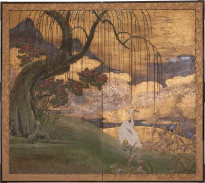 Japanese Two Panel Screen Egrets on Rivers Edge
