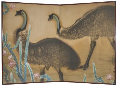 Japanese Two Panel Screen Emu in Flowering Cactus