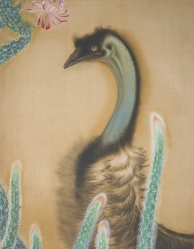 Japanese Two Panel Screen Emu in Flowering Cactus