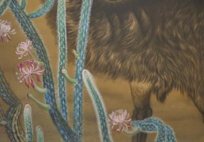 Japanese Two Panel Screen Emu in Flowering Cactus
