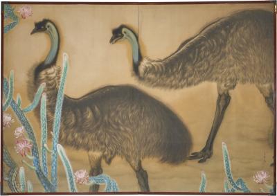 Japanese Two Panel Screen Emu in Flowering Cactus