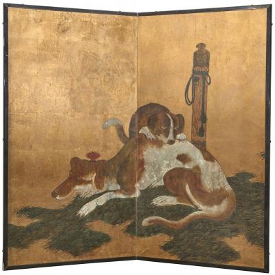 Japanese Two Panel Screen European Hounds