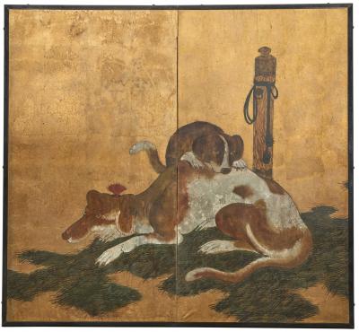 Japanese Two Panel Screen European Hounds