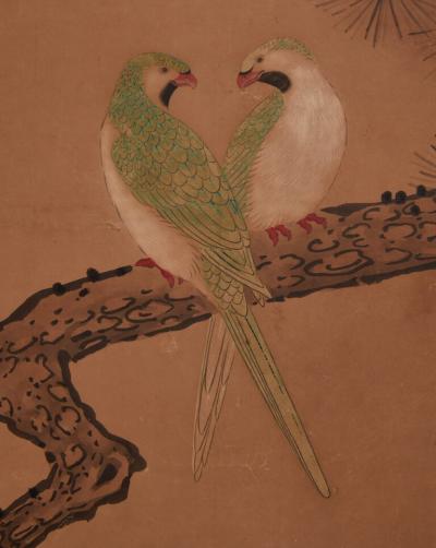 Japanese Two Panel Screen Exotic Birds in Pine Tree
