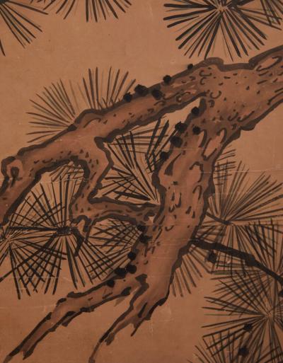 Japanese Two Panel Screen Exotic Birds in Pine Tree