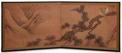 Japanese Two Panel Screen Exotic Birds in Pine Tree