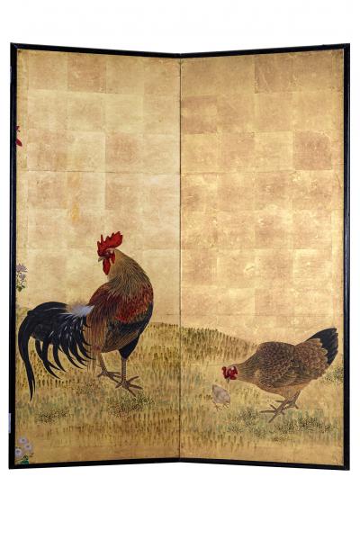 Japanese Two Panel Screen Family of Chickens on Gold Leaf