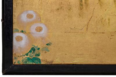 Japanese Two Panel Screen Family of Chickens on Gold Leaf