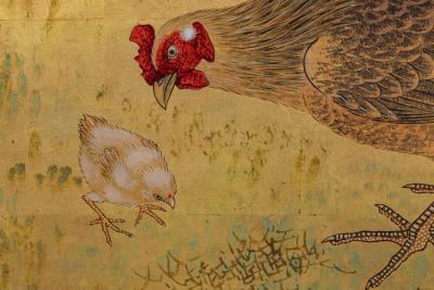 Japanese Two Panel Screen Family of Chickens on Gold Leaf