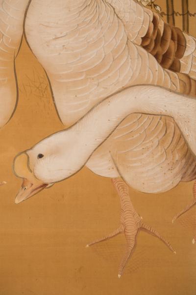 Japanese Two Panel Screen Farm Geese and Bamboo Fence