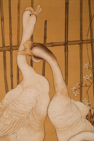 Japanese Two Panel Screen Farm Geese and Bamboo Fence