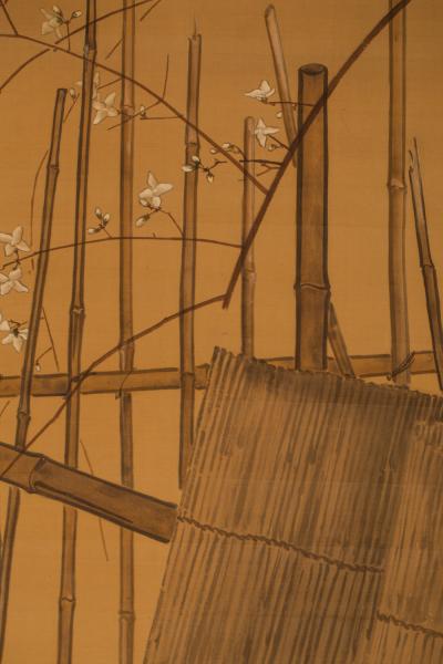 Japanese Two Panel Screen Farm Geese and Bamboo Fence