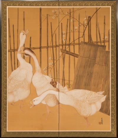 Japanese Two Panel Screen Farm Geese and Bamboo Fence
