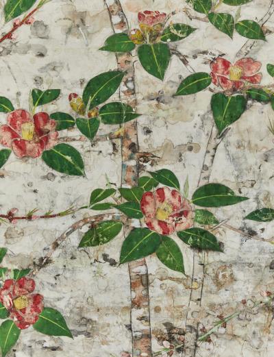 Japanese Two Panel Screen Floral Tarashikomi