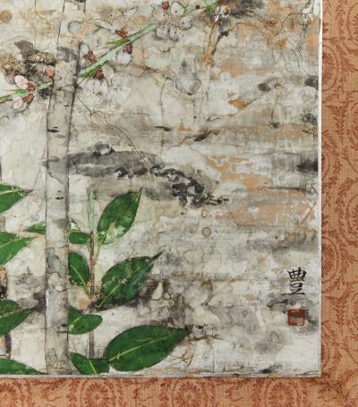 Japanese Two Panel Screen Floral Tarashikomi